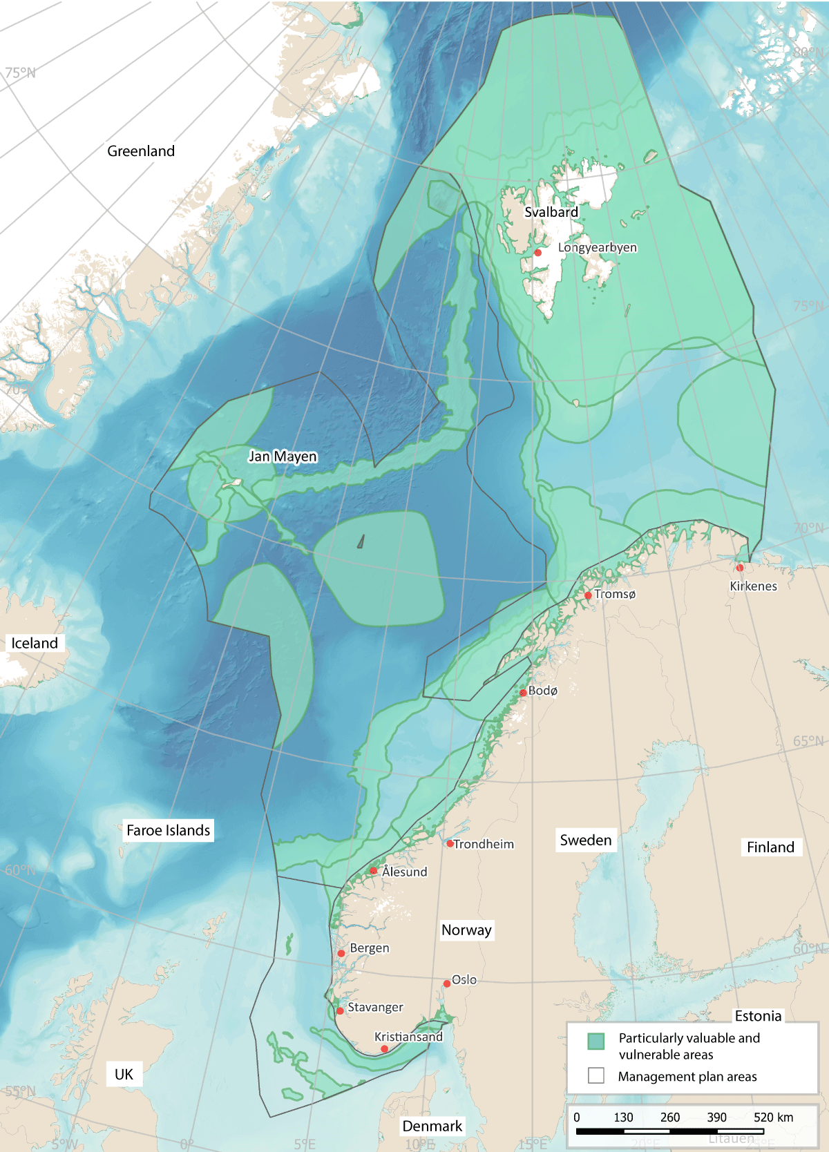 Figure 7.2 The particularly valuable and vulnerable areas identified in the three ocean management plans.