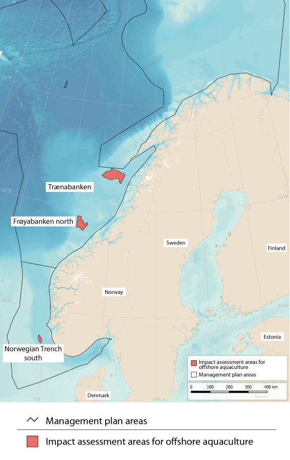 Figure 7.4 Areas where impact assessments for offshore aquaculture are being carried out in Norwegian waters.