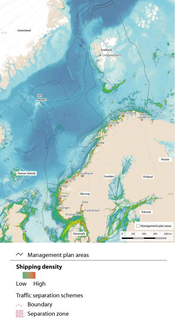 Figure 7.8 Map of shipping density in waters under Norwegian jurisdiction.
