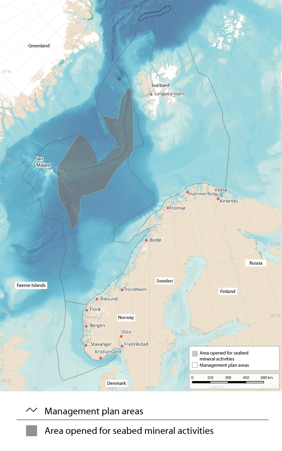 Figure 7.9 Map of the area of the Norwegian continental shelf that has been opened for seabed mineral activities.