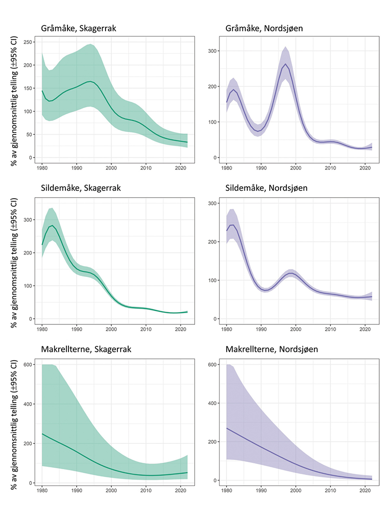 Figur 3.21 Bestandsutvikling for gråmåke, sildemåke og makrellterne i fuglereservater i Skagerrak og Nordsjøen. Figurene viser gjennomsnittlige trender med 95 % konfidensintervall.