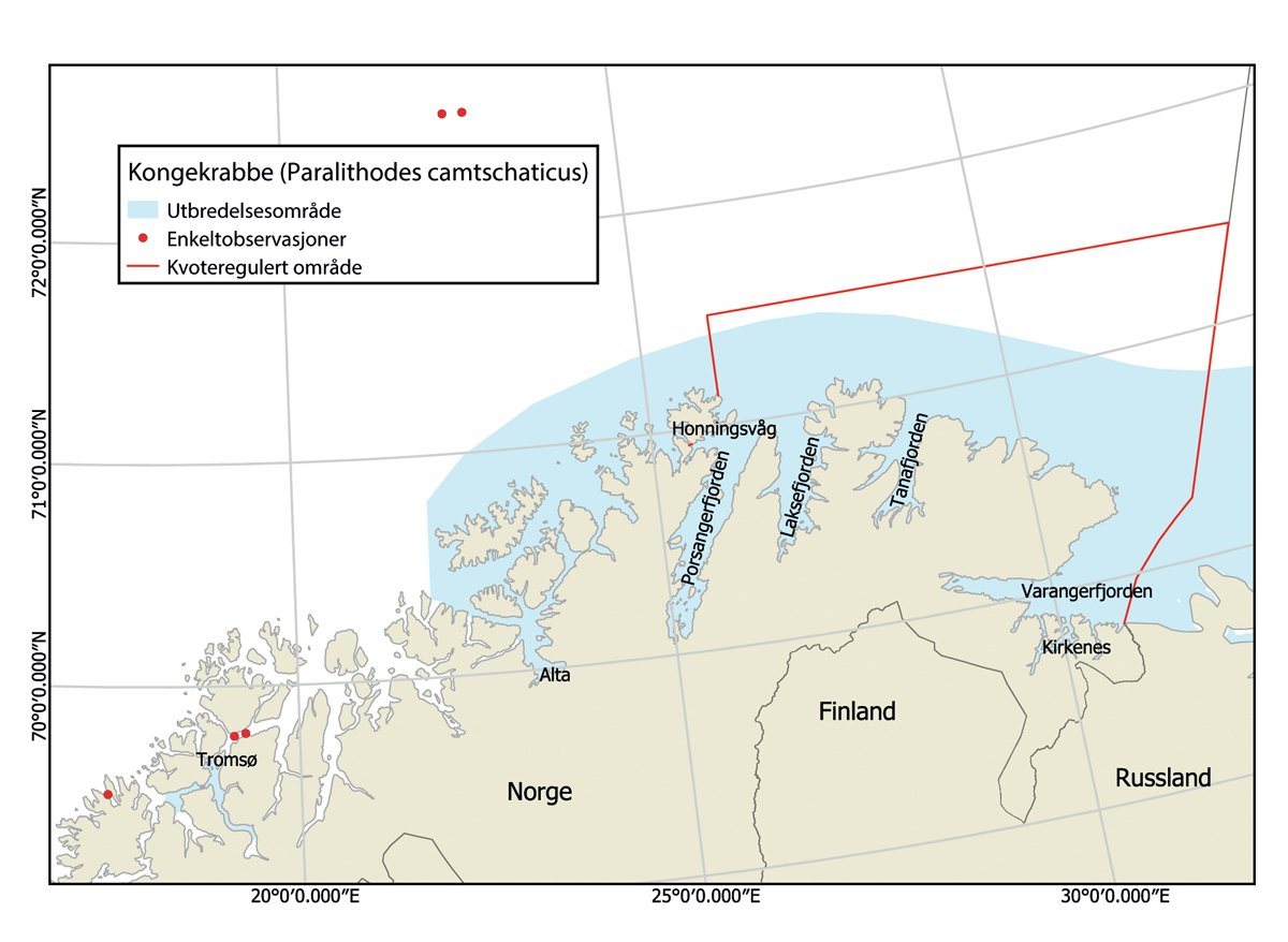 Figur 3.7 Status for utbredelse av kongekrabbe i Barentshavet, både på norsk og russisk sokkel og innrapporterte enkeltobservasjoner.
