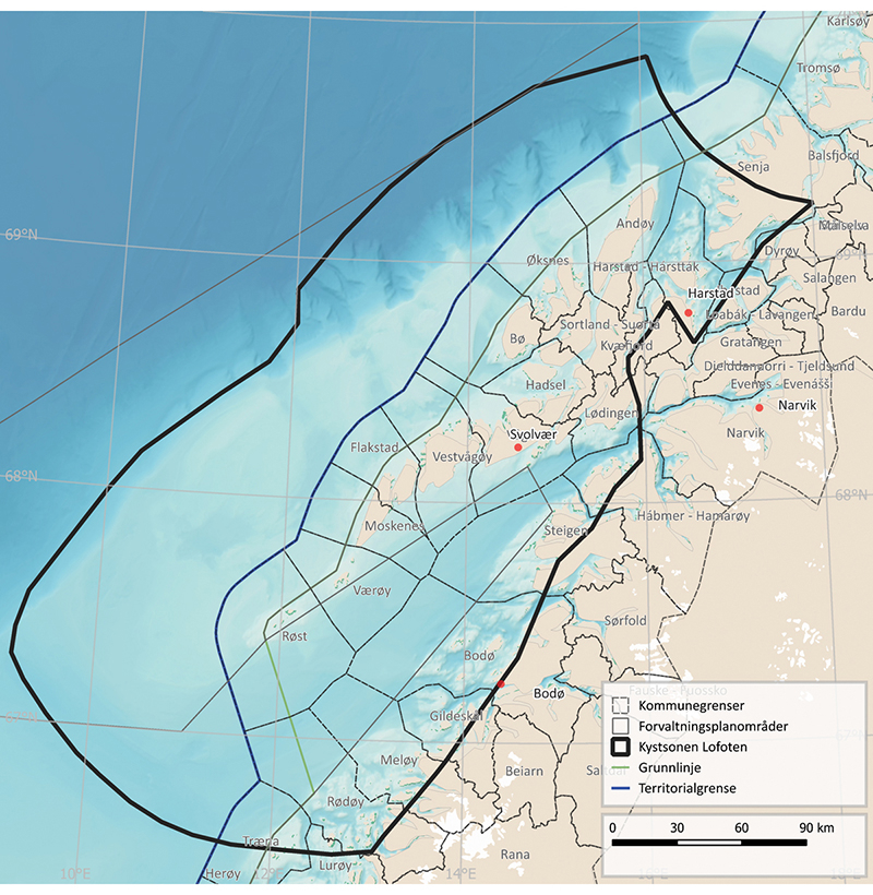 Figur 4.18 Kart over pilotområde for økosystemtjenester, og tilgrensende kommuner i Kystsonen Lofoten.