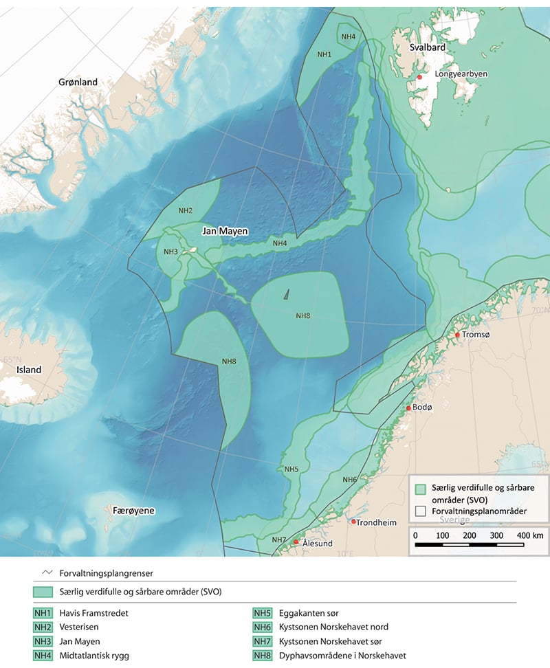 Figur 4.6 Særlig verdifulle og sårbare områder i Norskehavet. 