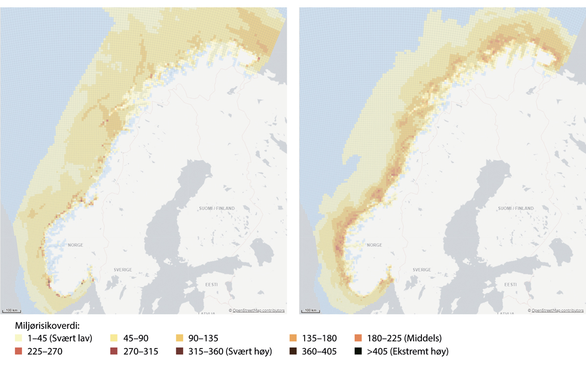 Figur 6.1 Eksempler på framstilling av miljørisiko i Kystverkets miljørisikoanalyser for skipstrafikken i norske havområder. Eksempelkartene viser miljørisikoverdier for sjøoverflaten mai–august 2019. Kartene viser at det er høye og svært høye miljørisikoverdi...