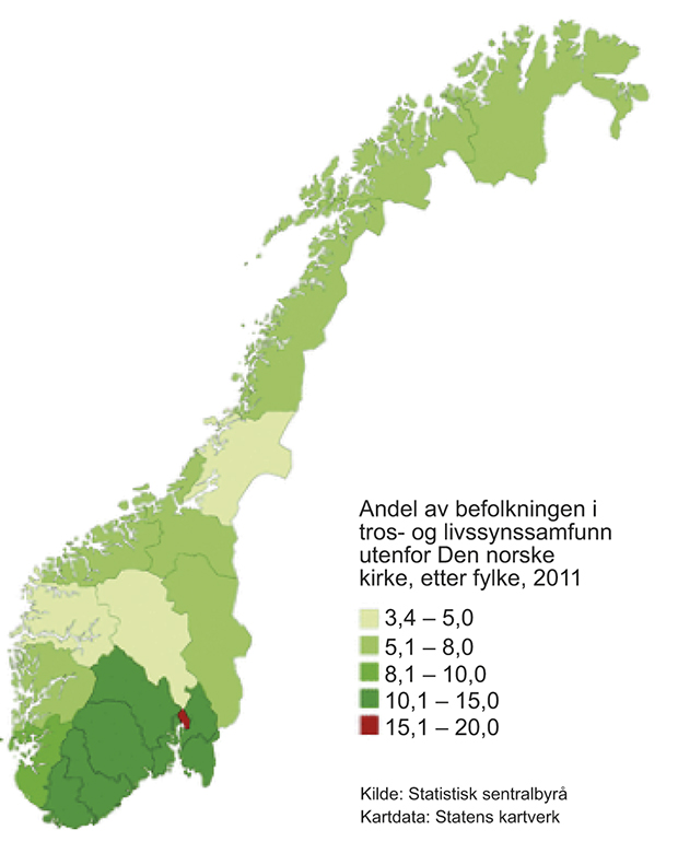 Figur 3.2 Geografisk variasjon i andelen av befolkningen som tilhører tros- og livssynssamfunn utenfor Den norske kirke, 2011.