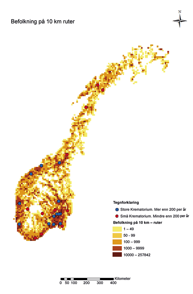 Figur 3.3 Befolkningstetthet og geografisk plassering av krematoriene i Norge