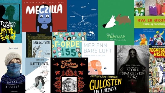 Collage med en del forsidebilder av de nominerte bøkene.