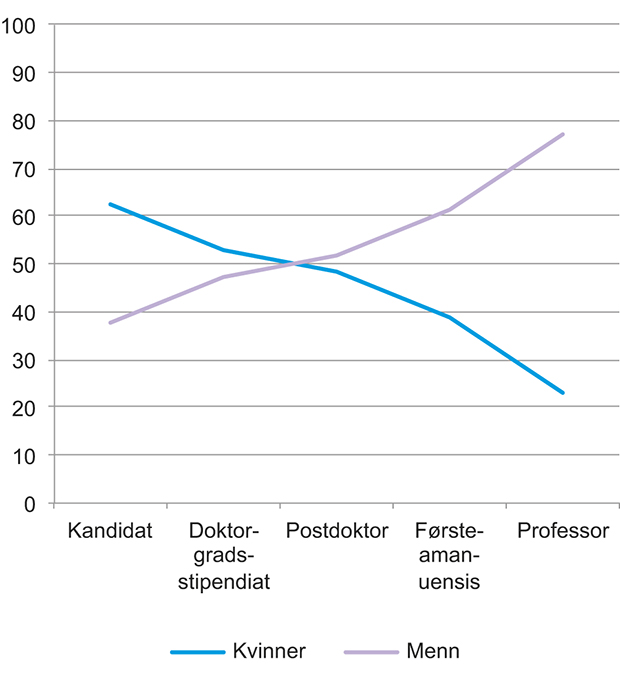 Figur 7.7 Kvinner og menn på ulike nivåer i karrierestigen ved universiteter og høyskoler i 2011