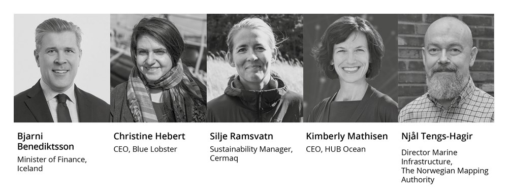 Pictures of Bjarni Benediktsson – Minister of Finance, Iceland, Christine Hebert, CEO, Blue Lobster, Silje Ramsvatn – Sustainability Manager, Cermaq, Kimberley Lein-Mathiesen – CEO of Ocean Hub, and Njål Tengs-Hagir – Director Marine Infrastructure, The Norwegian mapping authority