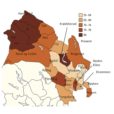 Figur 6.1 Kart over delen gardbrukarar i Buskerud som har tilleggsnæring, 2010 
