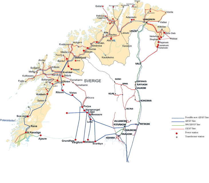 Figure 13.5 Electricity infrastructure in the northern parts of Norway, Finland and Sweden. Prepared by North Energy.