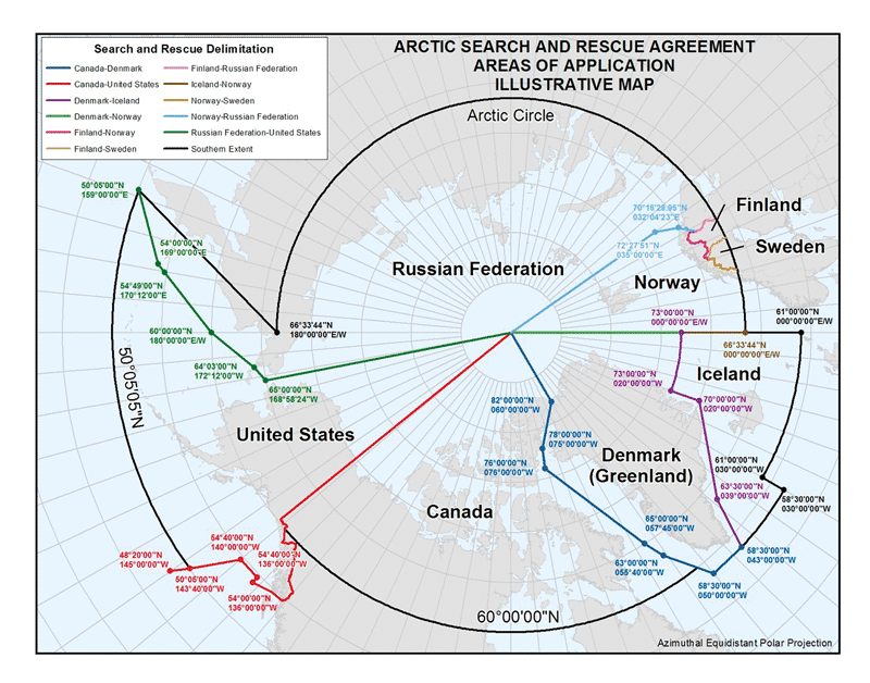 Figur 10.4 Ansvarsområder for søk- og redning i Arktis.