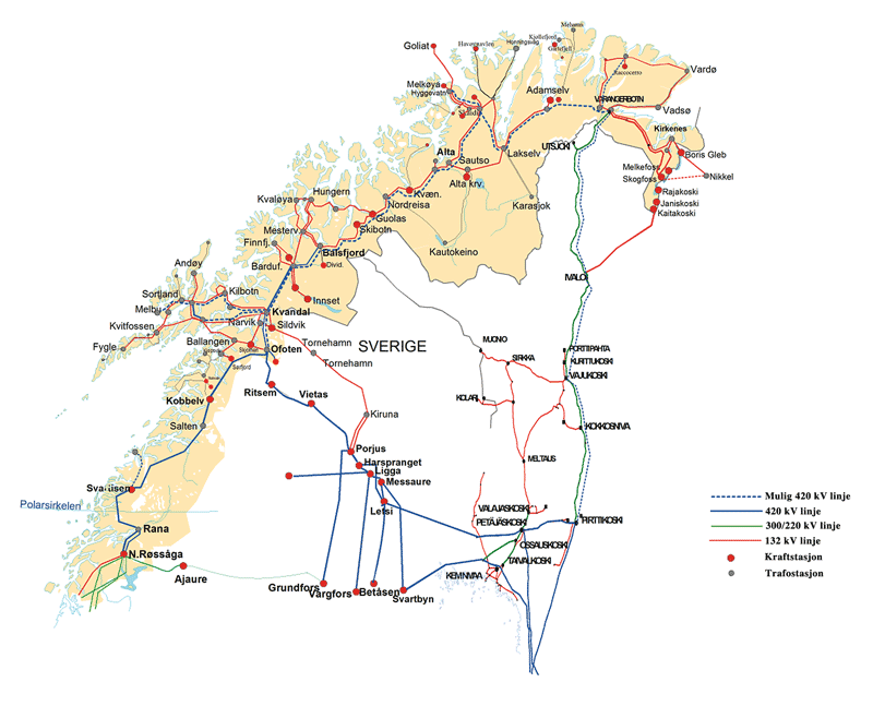 Figur 13.5 Kraftinfrastruktur på Nordkalotten. Utarbeidet av North Energy.