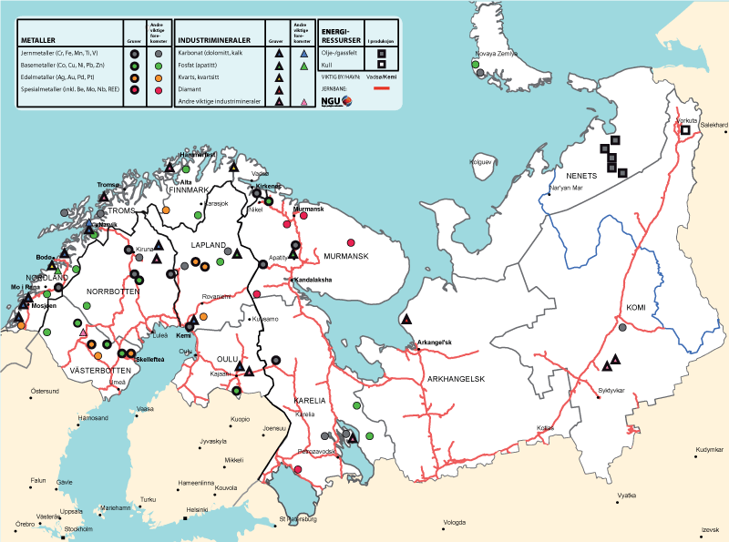 Figur 13.7 Mineralforekomster og transportlogistikk i Barentsregionen.