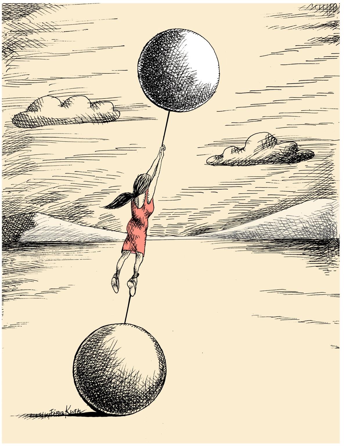 Illustrasjon av Firuz Kutal av en jente som vil fly til værs med en hvit ballong, men holdes fast av en sort kule hun er lenket til.