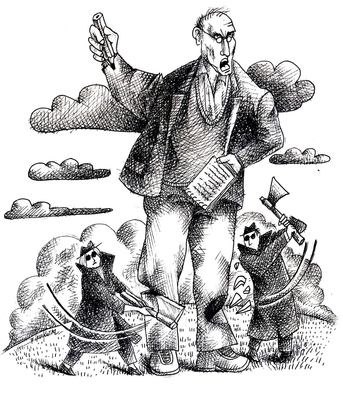 Illustrasjon av Firuz Kutal av en journalist med blyant og notatblokk, som hugges med øks av to mindre menn som rekker han til knærne. Mennene er kledd i frakk, hatt og solbriller.