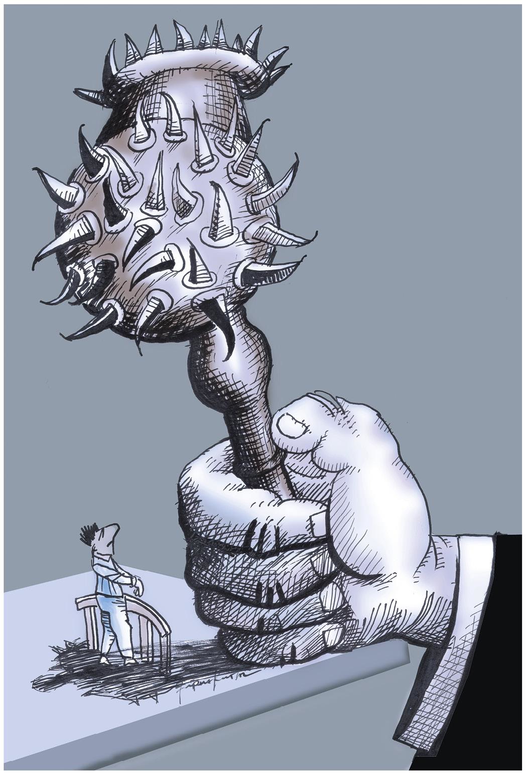 Illustrasjon av Firuz Kutal av en liten mann bak en skranke i en rettssal, som står overfor en stor knyttneve som holder en taggete dommerklubbe.