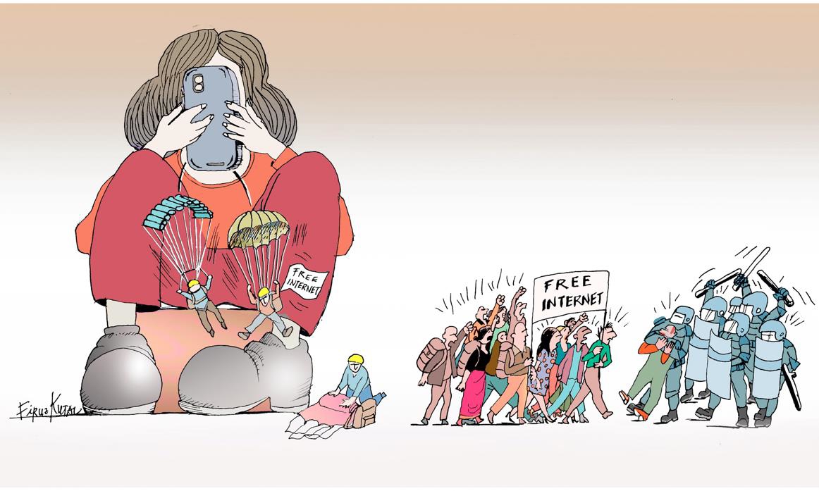 Illustrasjon av Firuz Kutal av et demonstrasjonstog for fritt Internett som stoppes av politimenn med skjold og batonger.