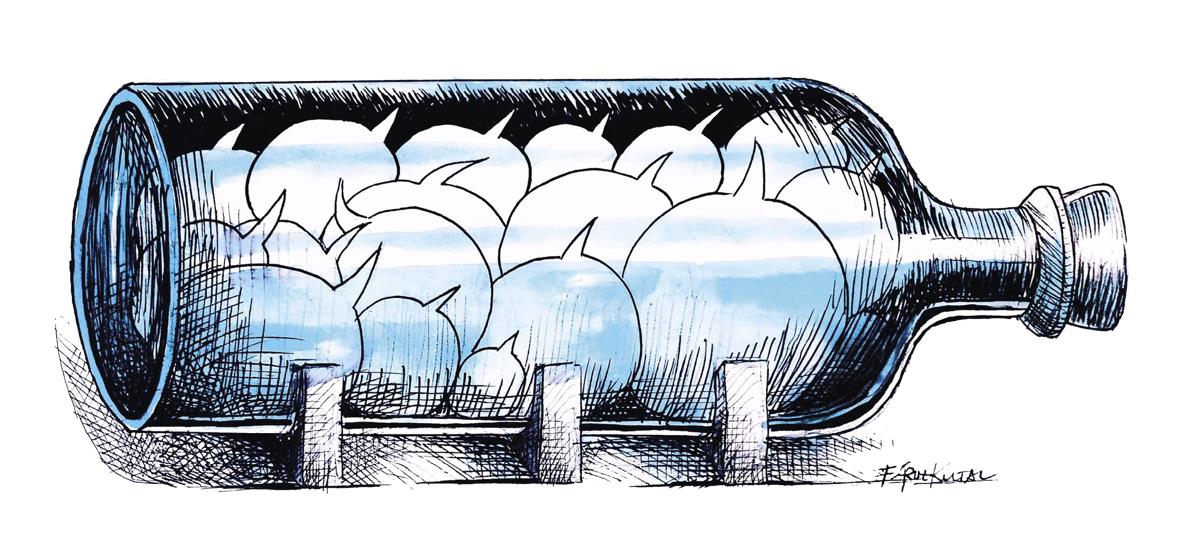 Illustrasjon av Firuz Kutal av en forseglet flaske med snakkebobler inni.