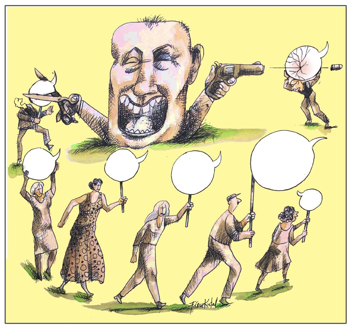 Illustrasjon av Firuz Kutal av mennesker som går i demonstrasjonstog med snakkebobler. En mann skyter på og klipper i snakkeboblene.