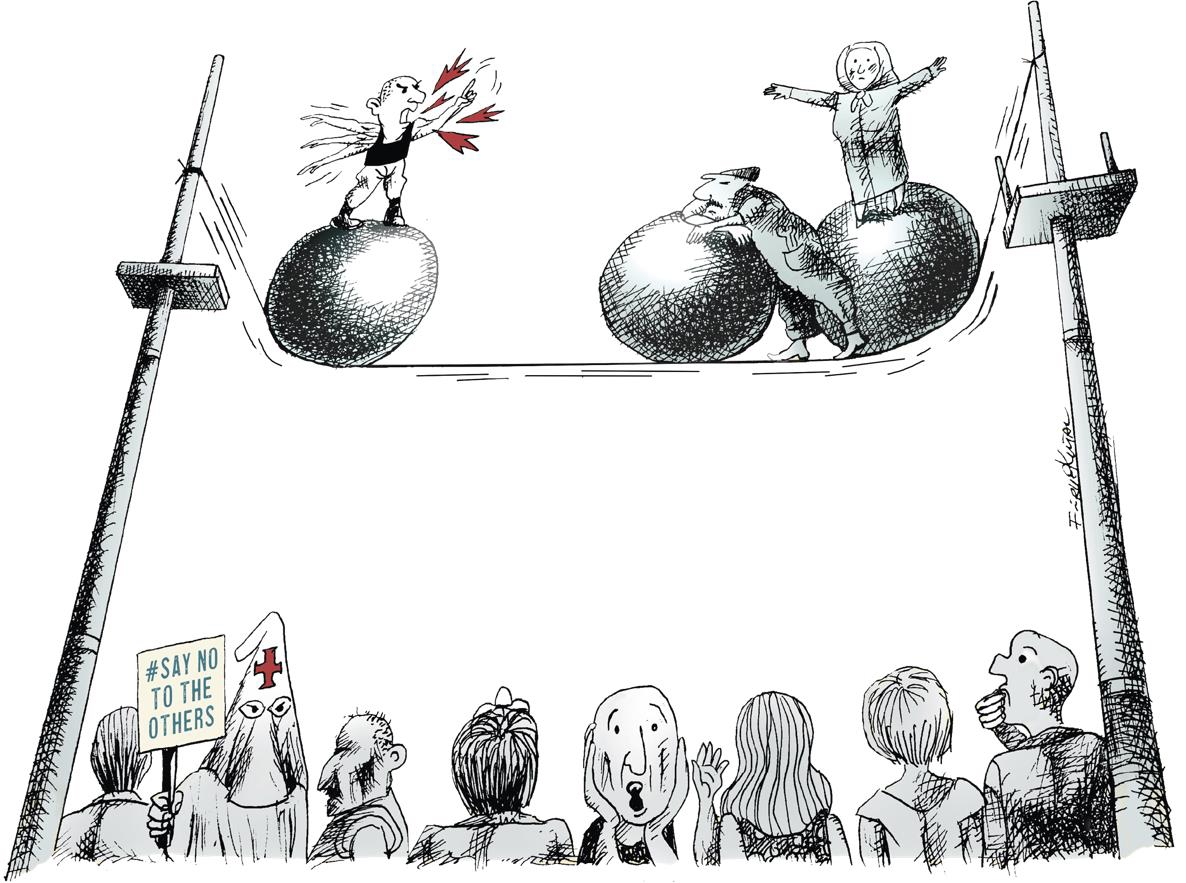Illstrasjon av Firuz Kutal av folk som balanserer på runde kuler på en slakkline. Under står det mennesker som ser skremt ut, og en holder et skilt med teksten Say no to the Others.