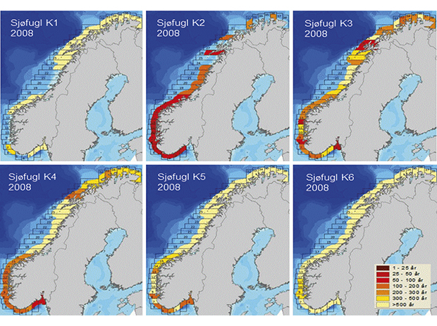 Figur 3.15 Miljørisiko for sjøfugl i 2008 vist som returperiode (antall år) for ulike miljøkonsekvenser (konsekvensklasse K1 til K6 der K6 er mest alvorlig) i ulike kystsegmenter.