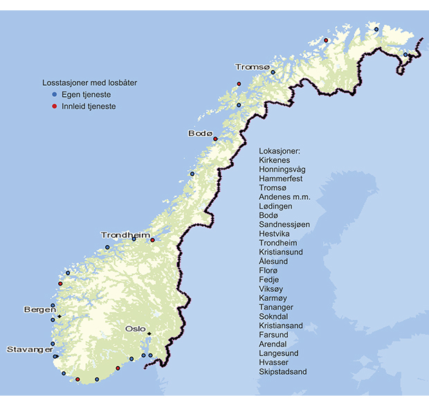 Figur 4.2 Plasseringen av dagens losbåtstasjoner både med egen drift og leid drift.