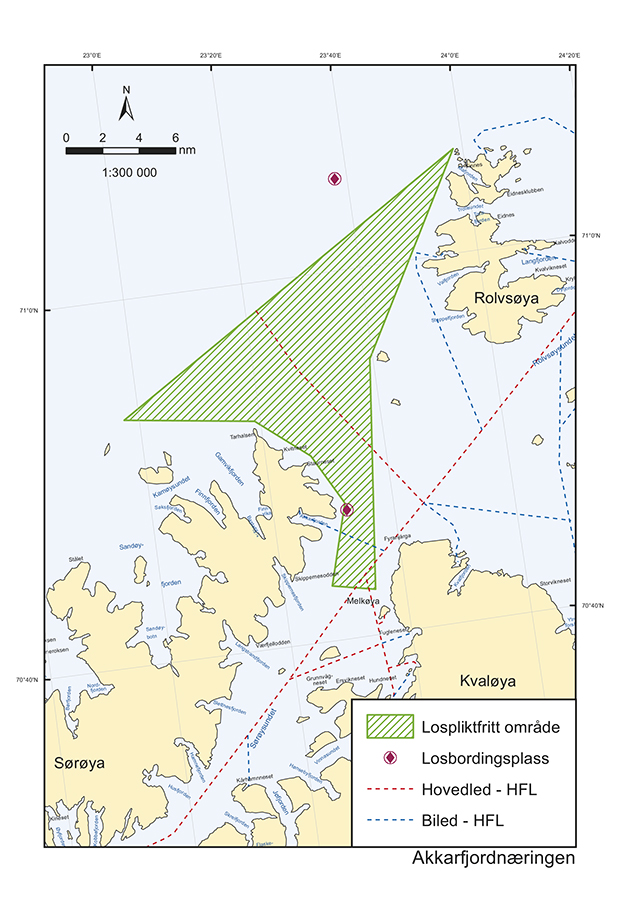 Figur 9.4 Lospliktfri korridor og losbordingsfelt, innseilingen til Hammerfest.