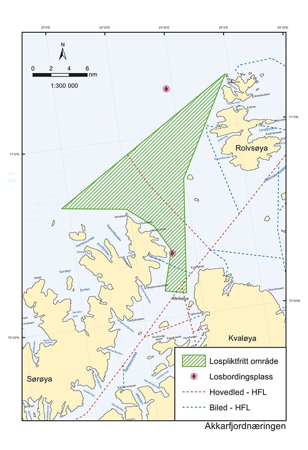 Figur 9.4 Lospliktfri korridor og losbordingsfelt, innseilingen til Hammerfest.