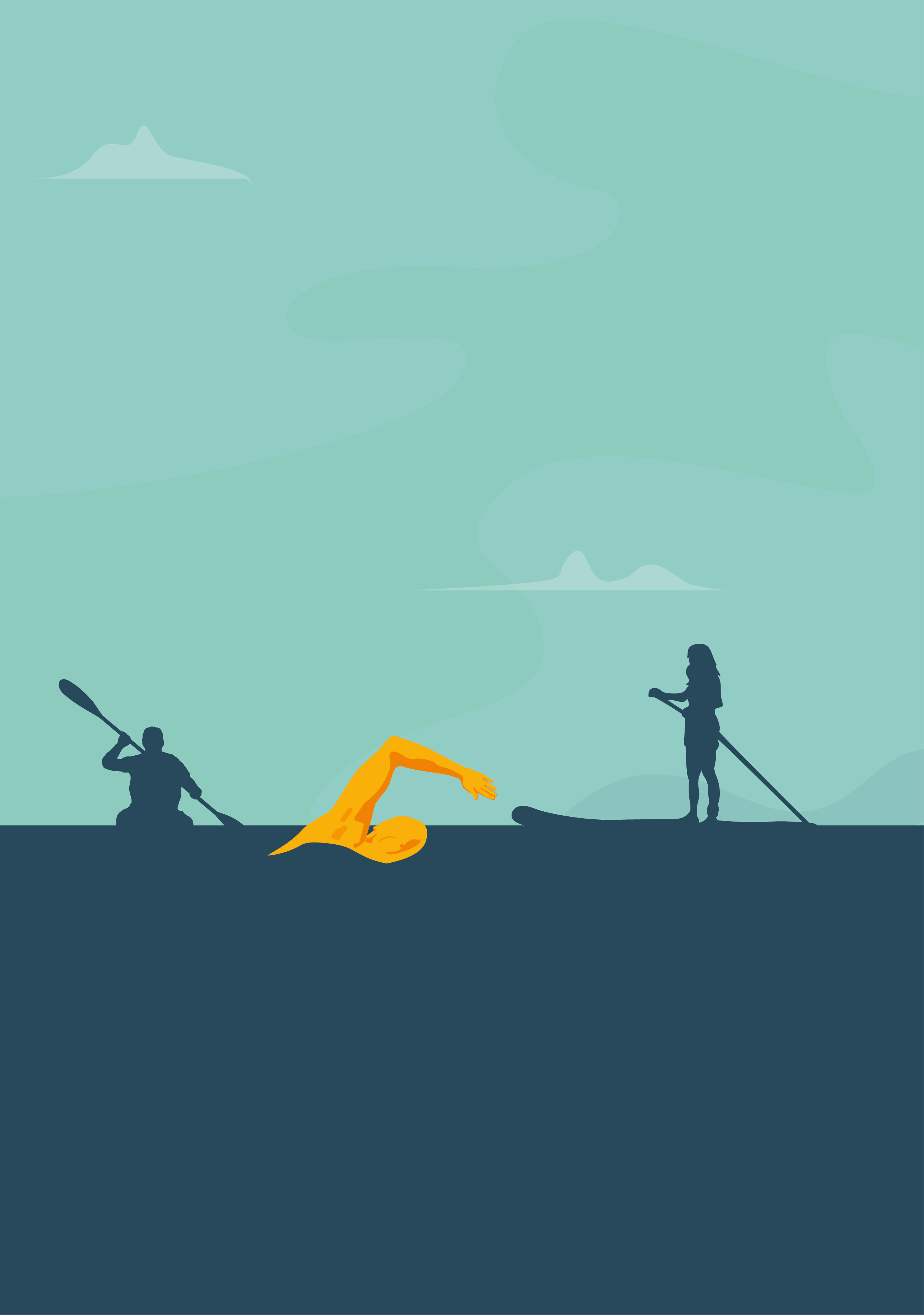 Illustrasjon av en mann som svømmer crawl og i bakgrunnen ser man en mann i kajakk og en kvinne på et SUP-brett