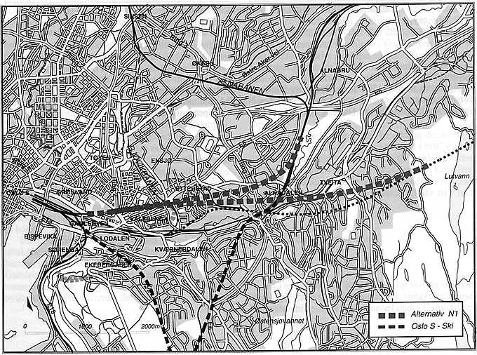 Figur Alternativ N1 «felles tunnel for nordlige baner»ß