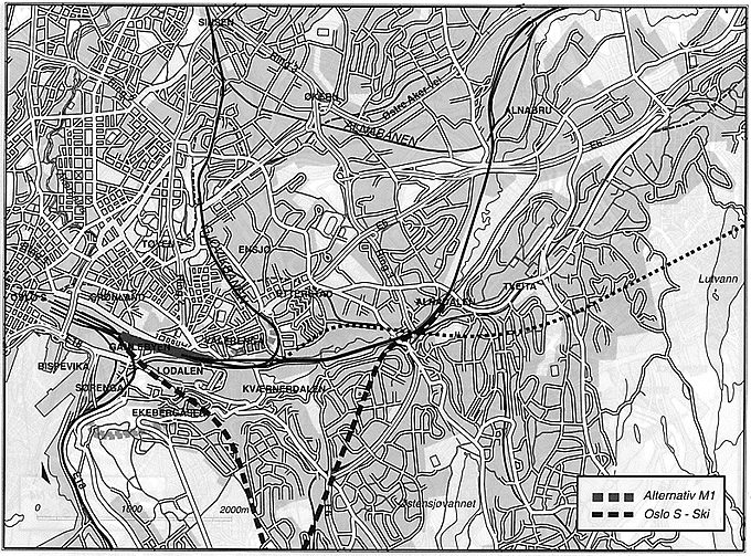 Figur Alternativ M1 «Dagens trasé med utvidete miljøtiltak i gamlebyen» ß