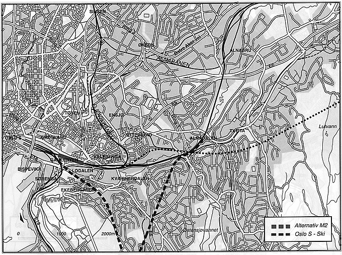 Figur Alternativ M2 «Dagens trasé med lokkløsning i gamlebyen» ß