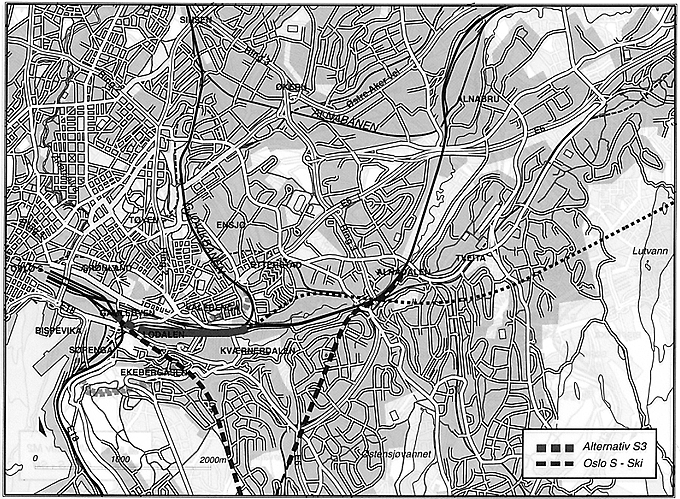 Figur  Alternativ S3 «Lodalen»ß
Hovedbanen, Gjøvikbanen og Gardermobanensamles i en korridor østover fra Oslo S. Denne følger samme trasé som dagens spor til Lodalen, men med en utvidelse av kulverten til ca 48 meter i tillegg til at sporene må legges i to...