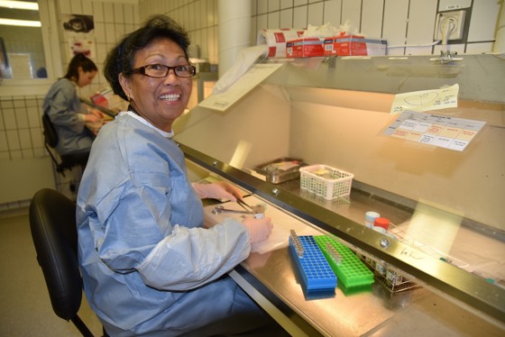 Avdelingsingeniør Clarita Larsen tar ut en liten del fra prøvematerialet som jegerne har sendt inn.