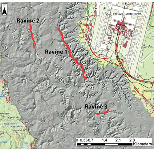 Figur 13.14 Raviner hvor identifikasjon av «hotspots» for erosjon og akkumulasjon ble utført (data fra Kartverket).
