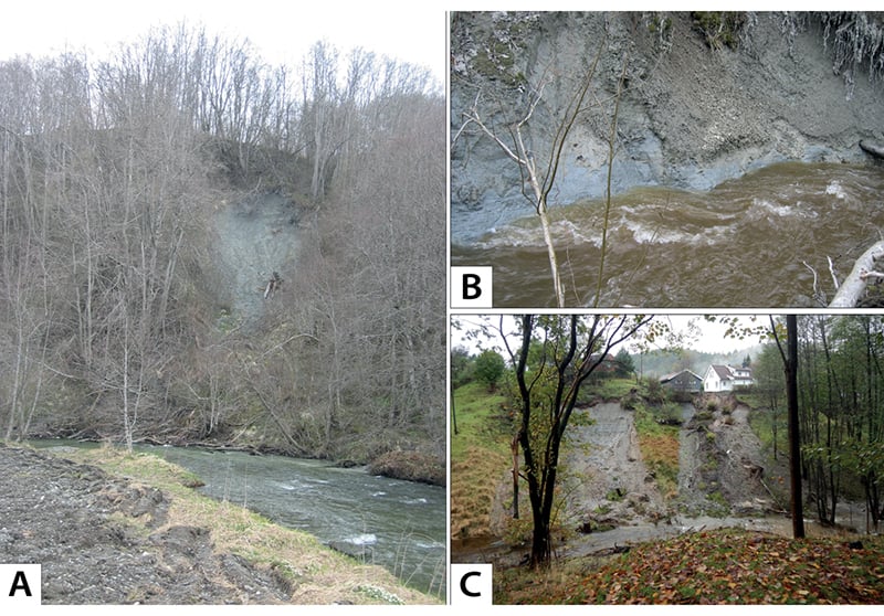 Figur 2.5 A og B: Erosjon i vassdrag er en naturlig del av landskapsutviklingen. I noen tilfeller kan små utglidninger fungere som initialskred for større skred. C: Overflateskred i leire som følge av høy nedbørintensitet.
