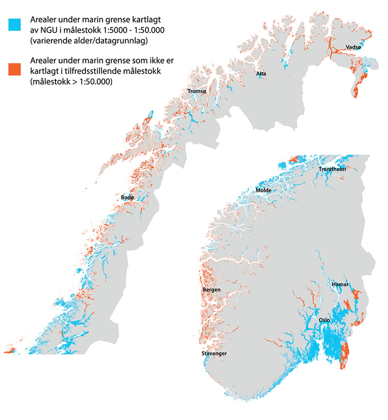 Figur 6.7 Kommuner og areal under marin grense, samt oversikt over målestokk for NGUs kartlegging i de ulike områdene.
