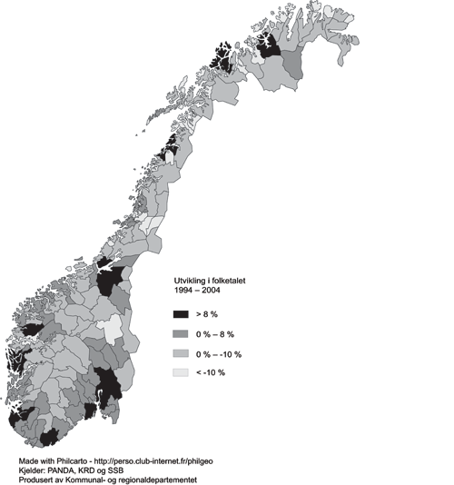 Figur 3.2 Utvikling i folketalet i perioden 1994–2004 – etter
 bu- og arbeidsmarknadsregionar
