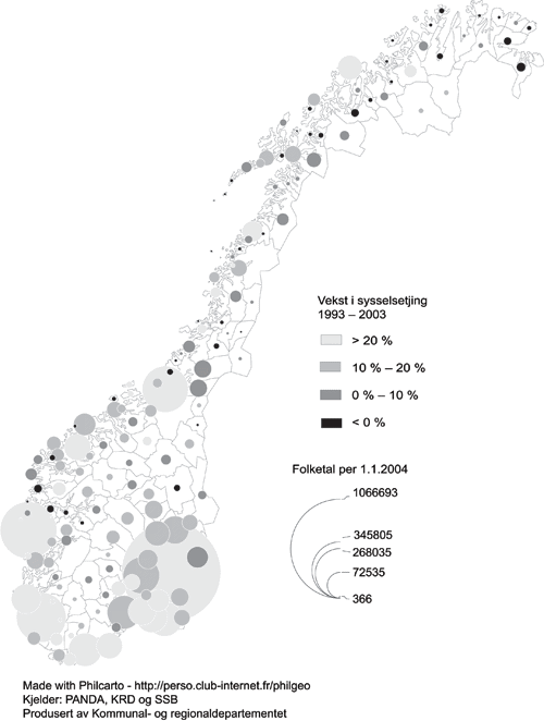 Figur 3.3 Vekst i sysselsetjinga i perioden 1993–2003 i høve
 til folketalet per 1.1.2004 – etter bu- og arbeidsmarknadsregionar