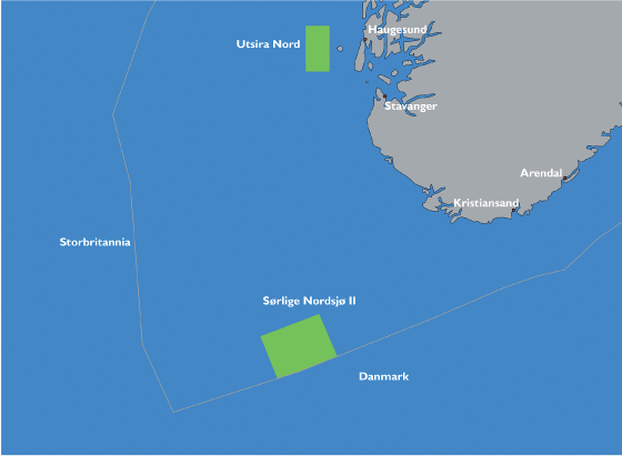 Figur 6.7 Utsira Nord og Sørlege Nordsjø II som er opne for søknader om fornybar energiproduksjon til havs
