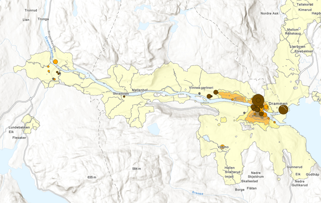 Kart over Drammen som viser kartløsningen
