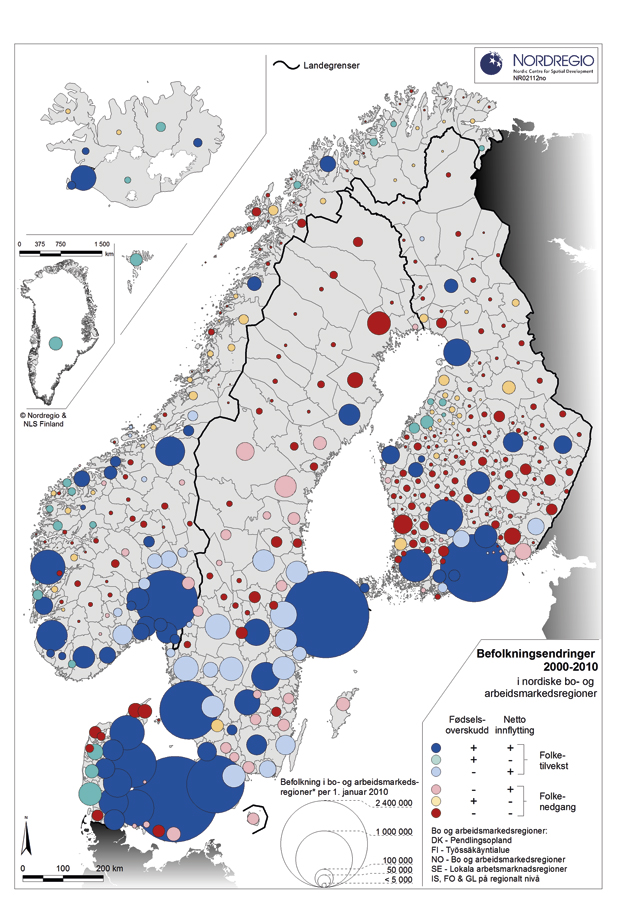 Figur 2.1 Befolkningsendringer 2000 – 2010 i nordiske bo- og arbeidsmarkedsregioner. 