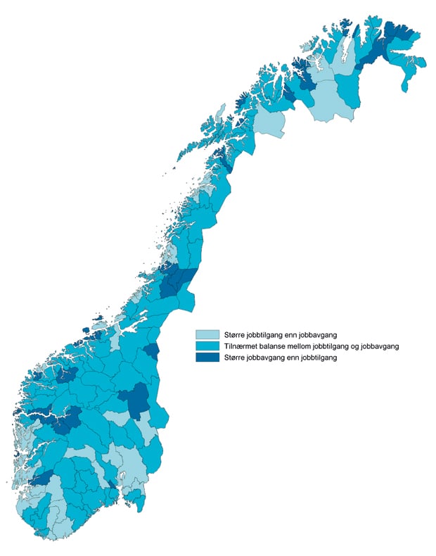 Figur 4.12 Balansen mellom jobbtilgang og jobbavgang. Bo- og arbeidsmarkedsregioner. Årlig gjennomsnitt for sysselsettingen totalt i 1997 – 1998, 2002 – 2003 og 2004 – 2005. Prosent av sysselsettingen. 