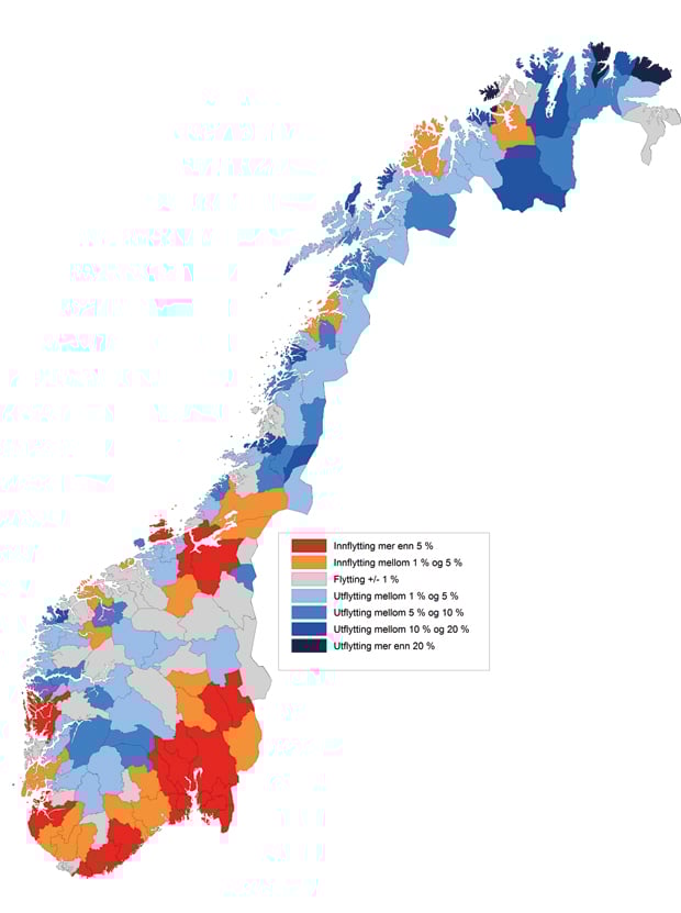 Figur 4.19 Nettoflytting 1.1.2000–1.1.2010 i pst. av middelfolkemengden. Bo- og arbeidsmarkedsregioner. 