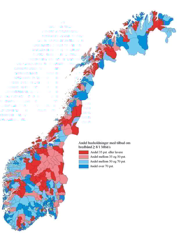Figur 4.32 Andel husholdninger med tilbud om bredbånd over 8/1 Mbit/s. 