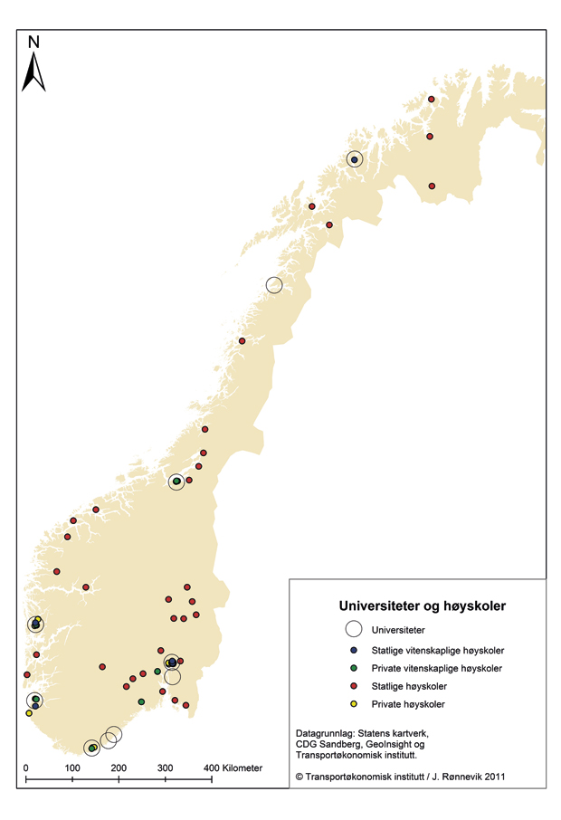 Figur 4.33 Universiteter og høgskoler i Norge pr. 2011.