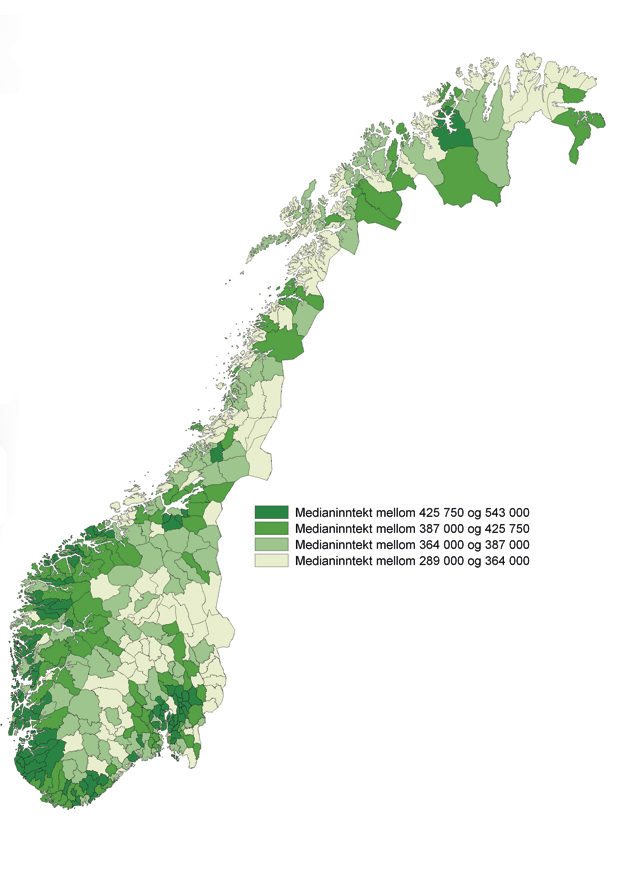 Figur 4.36 Medianinntekt pr. husholdning. Kommuner 2009. 