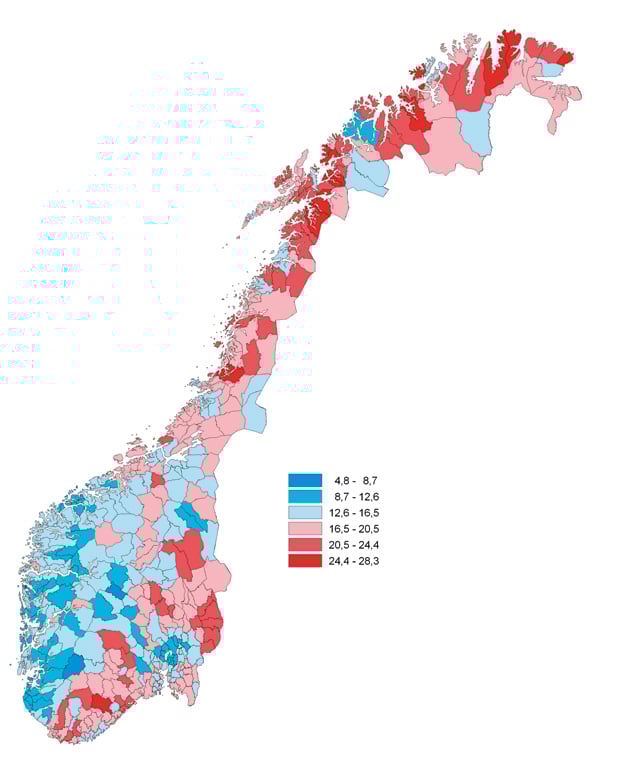 Figur 4.39 Tapt arbeidsinnsats1 knyttet til uføre, arbeidsledige og AFP-mottakere som andel av potensiell arbeidsstyrke, 2008. 